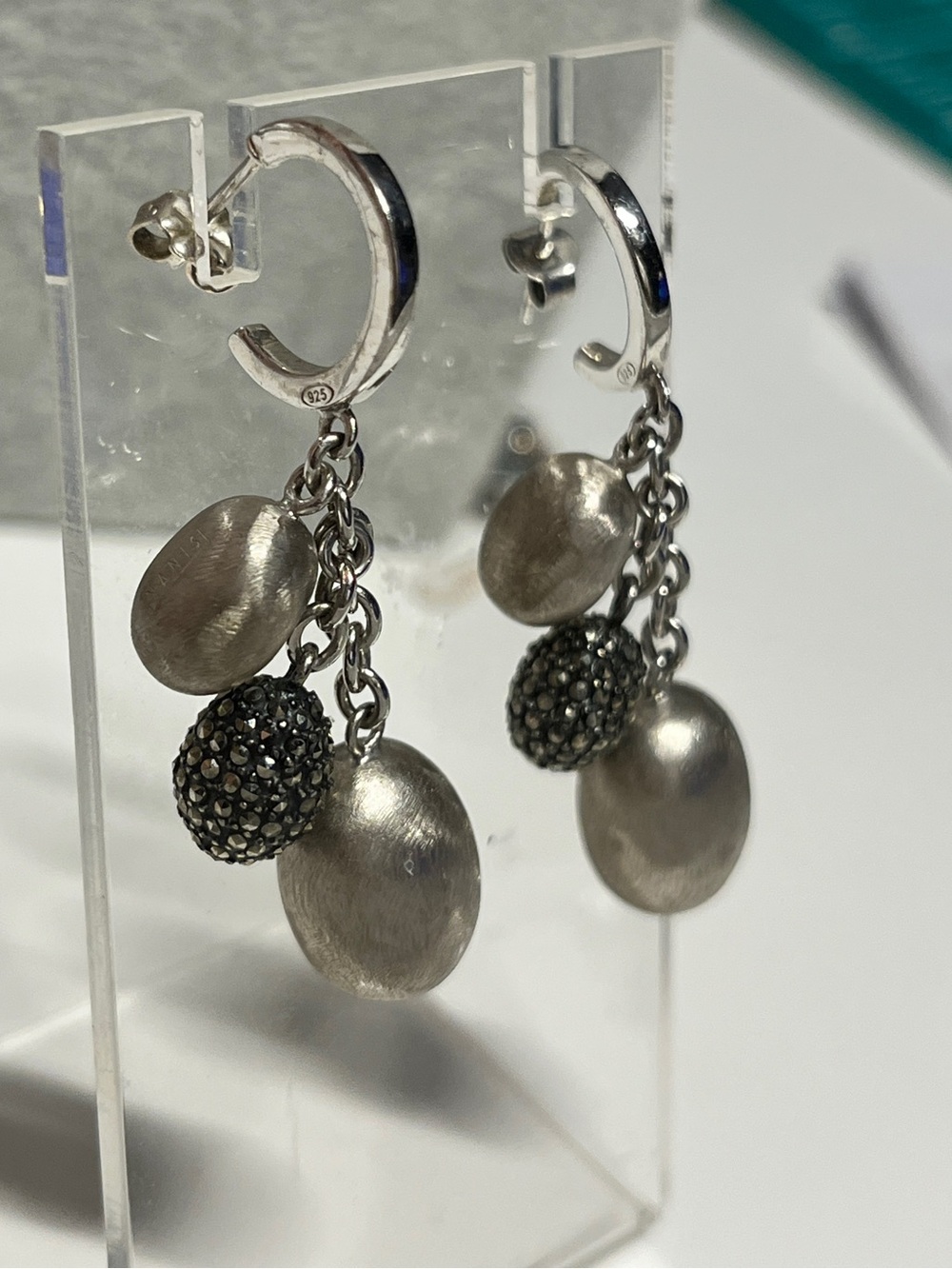 Nanis Italy Brushed Dangle Drop 925 Sterling Silver Marcasite